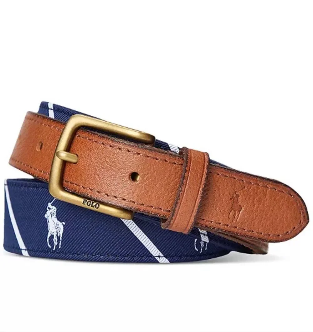 Polo Ralph Lauren Leather-Trim Belt Navy/White 42